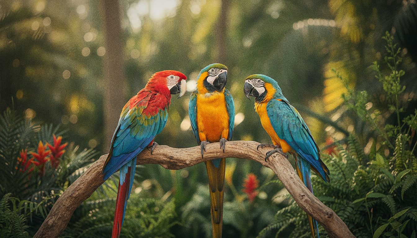 Guacamayos de colores vivos en una rama de un exuberante jardín subtropical