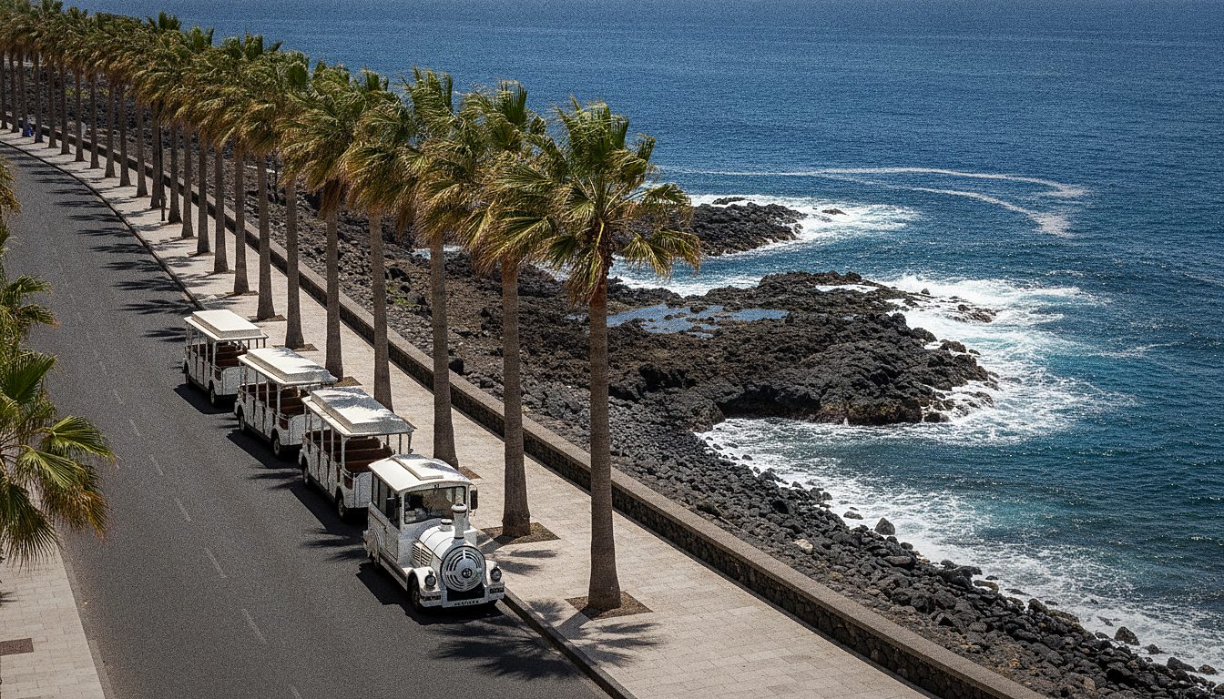 Avenida de paseo marítimo con palmeras en Puerto de la Cruz y el Atlántico al fondo