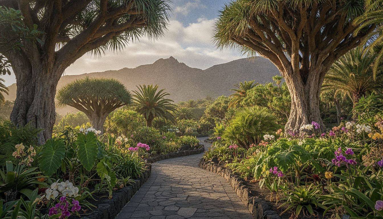 Sendero a la sombra de palmeras en un jardín zoológico subtropical con luz de mañana